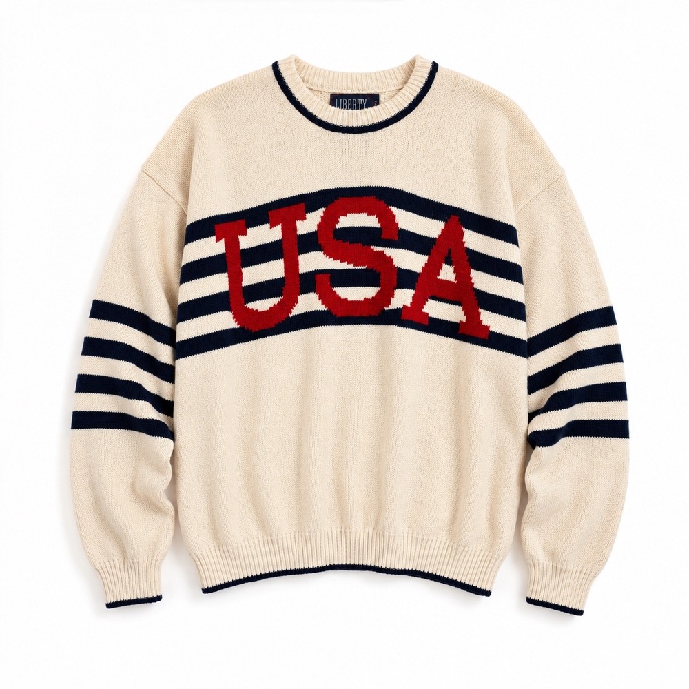 Liberty USA Striped Knit Sweater Mens Size XL Cream Cotton Preppy Vintage  90s